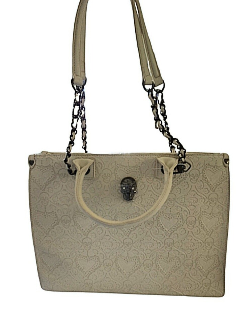 NWT Betsey Johnson XOKiara Purse Embossed Skulls Tote Bag In Chalk Large